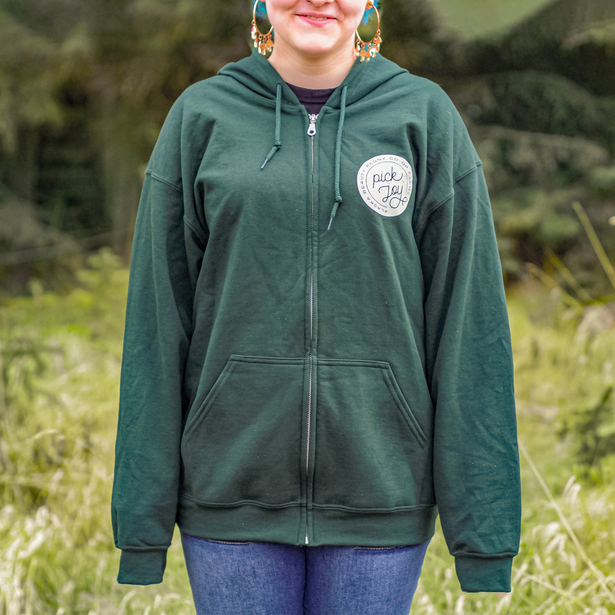 Pick Joy Zip Hoodie - Forest Green-Apparel-Alaska Beauty Peony Coop-Small-Alaska Beauty Peony Coop